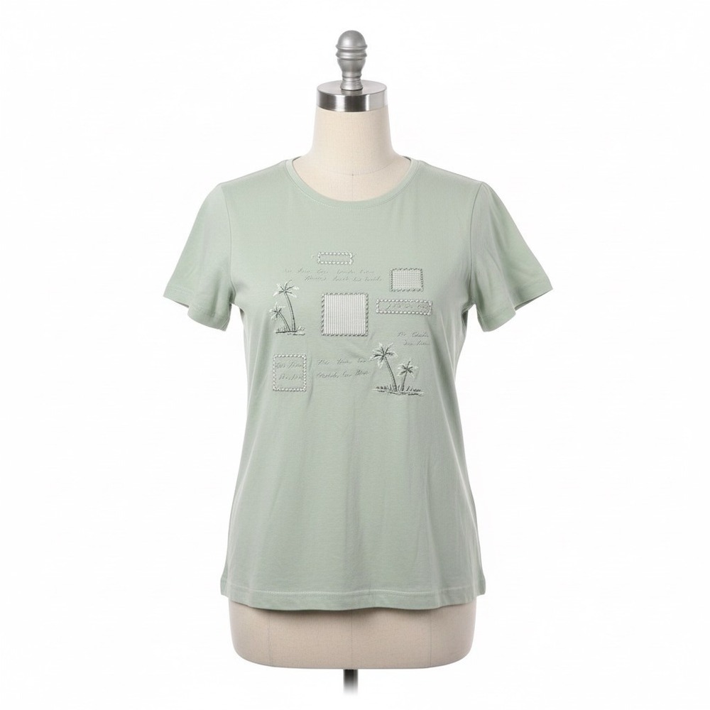 Capacity Knits Tee Sage Green Seaside Conversational Embroidered Large 90s Boho